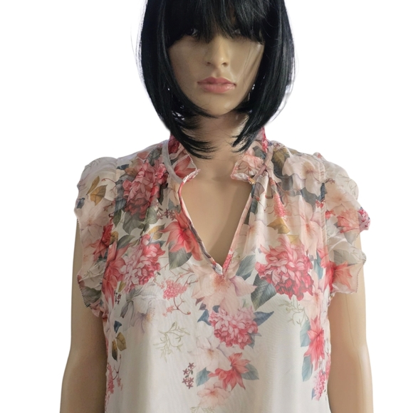 2/30$ Autres Filles Floral Chiffon Blouse Pink & Cream Ruffle Sleeves Top,Size S - Picture 2 of 12